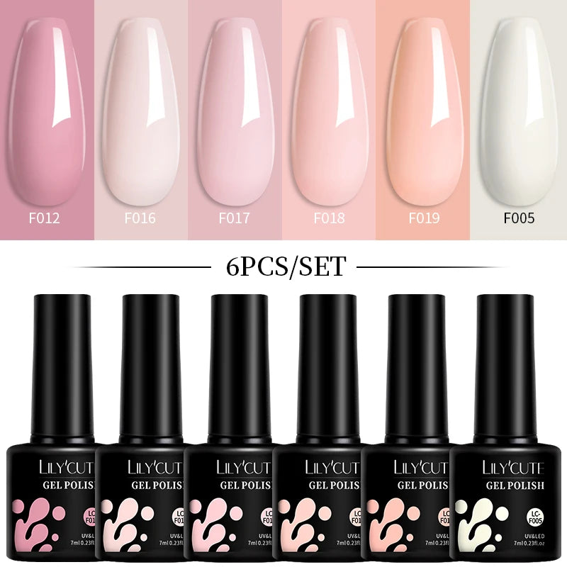 LILYCUE 6Pcs/Set Red Nude Glitter Gel Nail Polish Gorgeous Full Coverage Soak Off UV Gel Nail Art Base Top Coat Gel Polish Kits