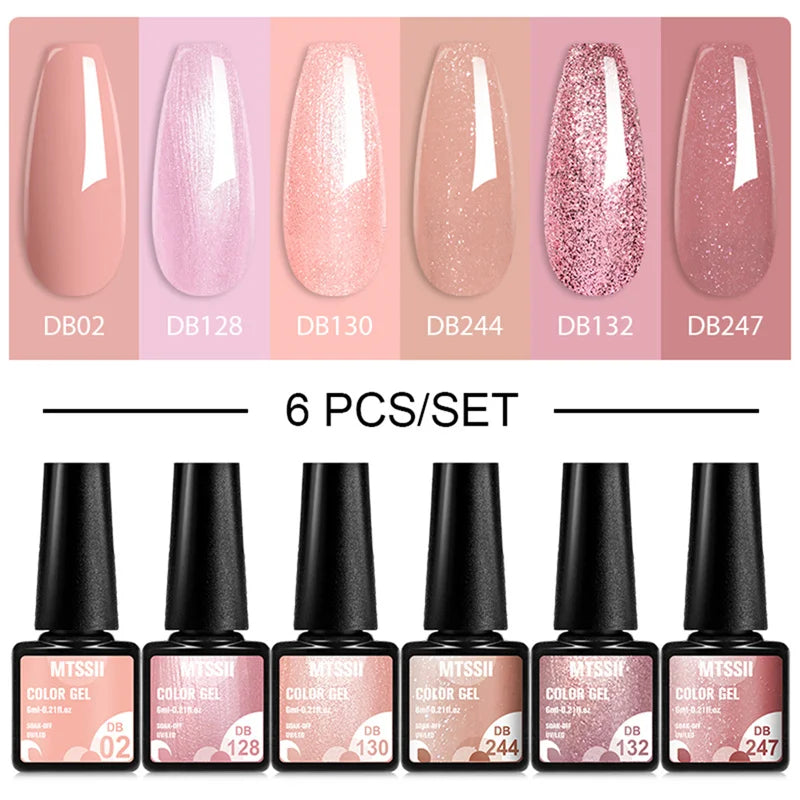 Mtssii 6PCS/Set Sparkly Nude Pink Gel Nail Polish Glitter Semi Permanent Nail Art LED UV Soak Off Gel Varnish Nail Supplies