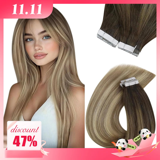 [NEW]VeSunny Tape In Hair Extensions Human Hair Real Natural Hair Balayage Color #4-14-60 Skin Weft Straight Seamless Hair