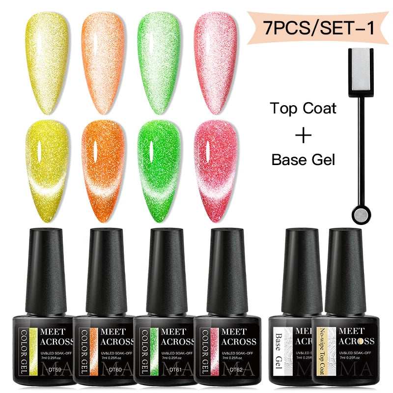 MEET ACROSS 7Pcs/Set Cat Magic Magnetic Gel Nail Polish Sparking Semi-Transparent Sea Blue Effect Soak Off UV Gel Varnish Kit