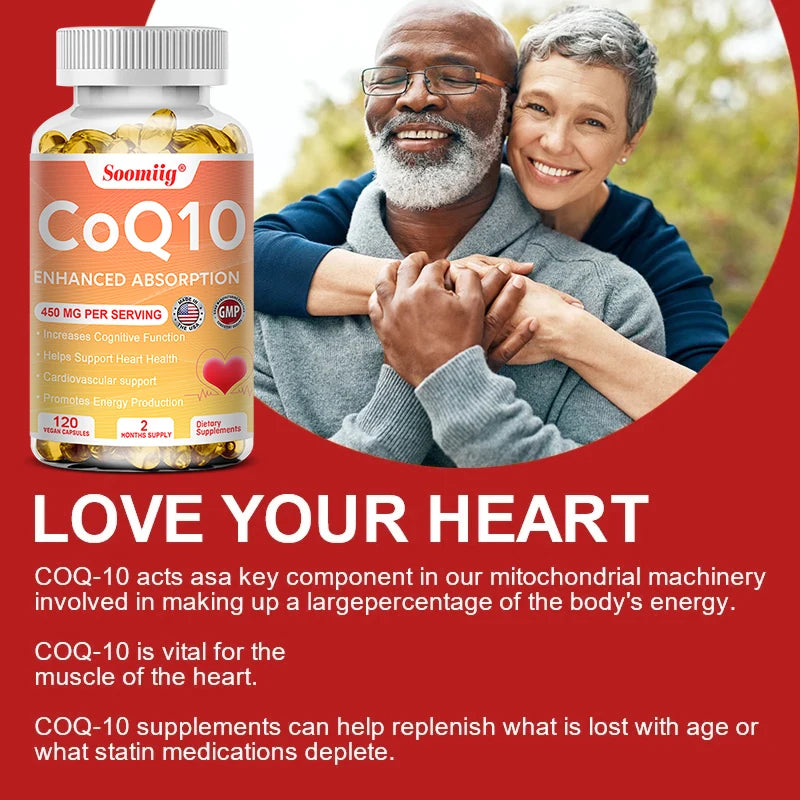 120pcs Q10 Coenzyme 450mg Capsules Cardiovascular and Heart Health Energy Vitamins Beauty and Health, Promote Blood Circulation