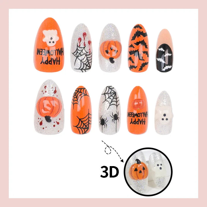 24Pcs 3D Pumpkin Ghost Press On Nails Halloween Almond False Nail Spider Web Bat Blood Design False Nail for Women&Girl