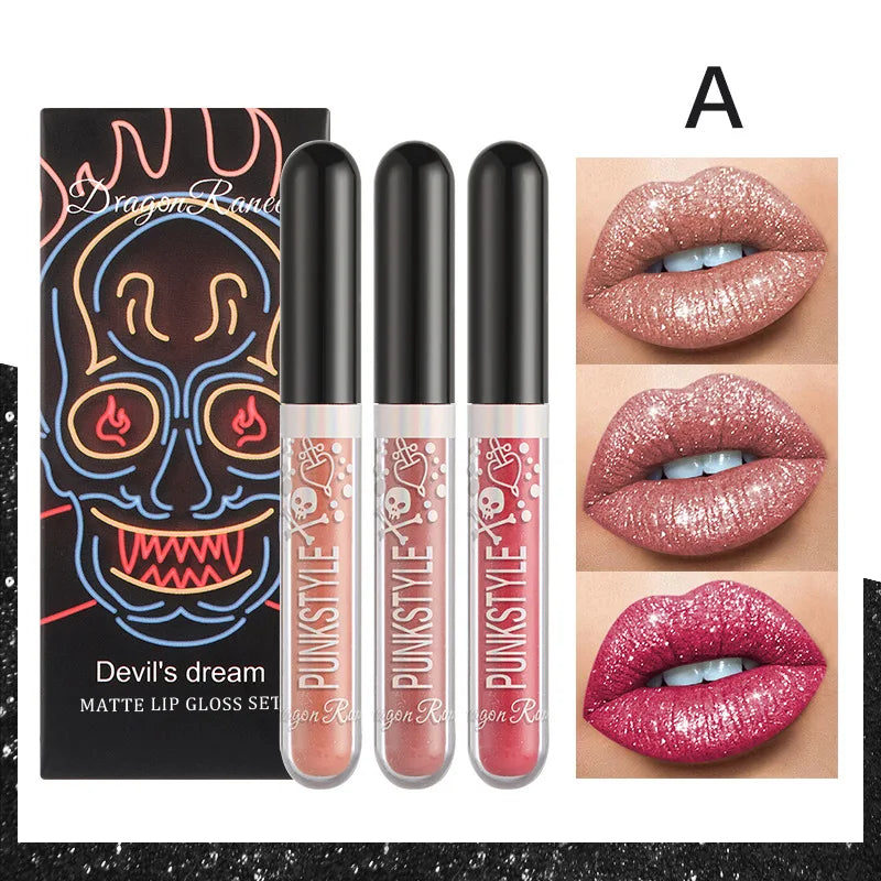 3pcs Glitter Lipstick Set Waterproof Blue Purple Black Lip Gloss Shiny Lip Tint Halloween Lip Makeup Lasting Lipgloss Cosmetics