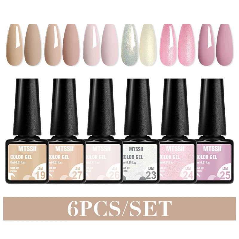 Mtssii 6PCS/Set Sparkly Nude Pink Gel Nail Polish Glitter Semi Permanent Nail Art LED UV Soak Off Gel Varnish Nail Supplies