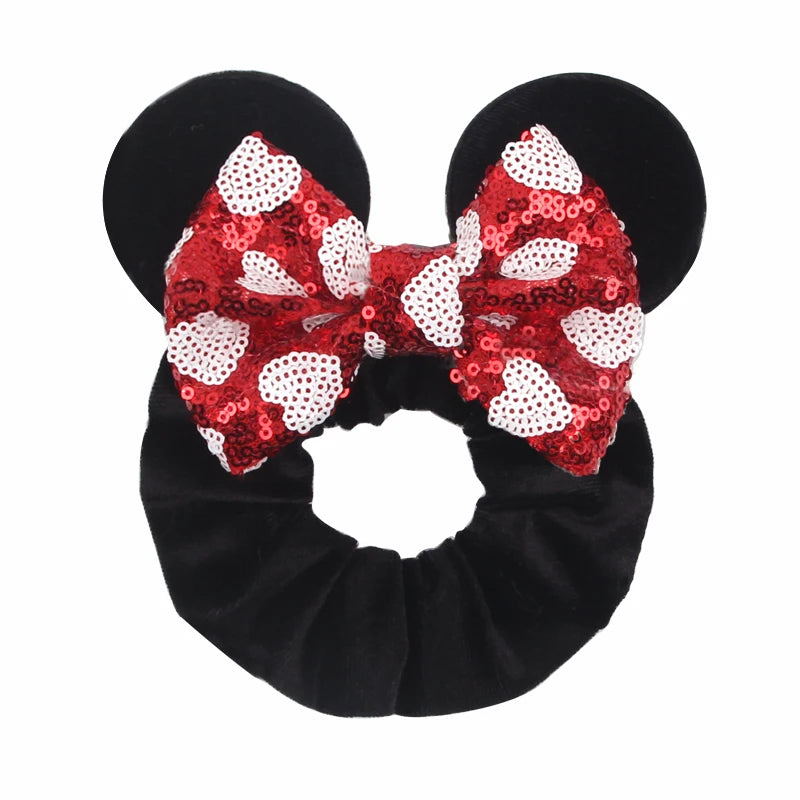 Disney Mouse Ears Velvet Scrunchies Hairband Women Elastic Ponytail Holder Girls Sequin Bow 2023 Kids Party DIY Hair Accessories