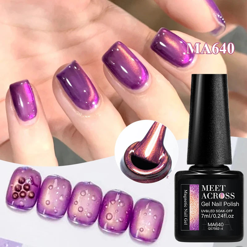 MEET ACROSS Guava & Grape Color Cat Magnetic Gel Green Glass Bead Cat Eye Gel Soak Off UV Gel Nail Art Varnish Salon Home DIY