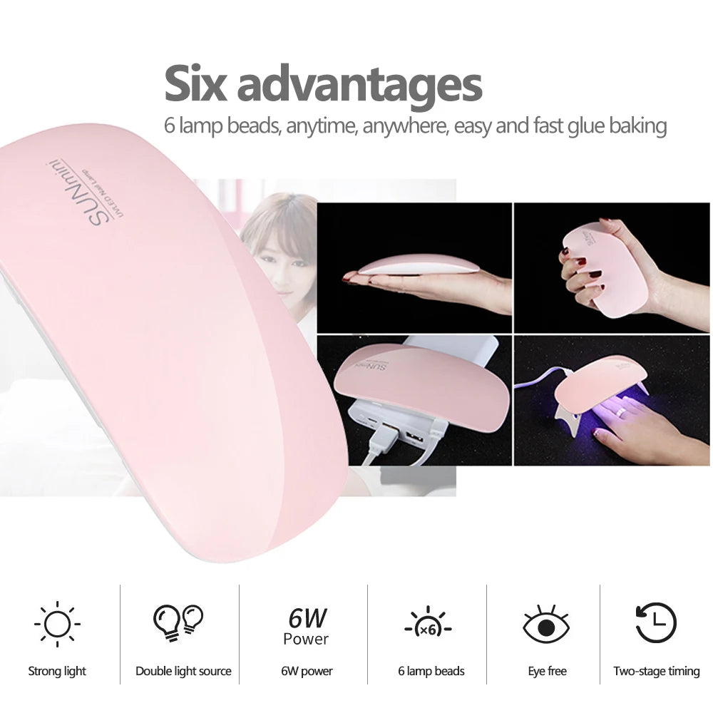 YIKOOLIN Mini Mouse Gel Nails 6W Polish Drying Lamp Portable 6 LED UV Manicure Lamp Home  USB Nail Phototherapy Machine