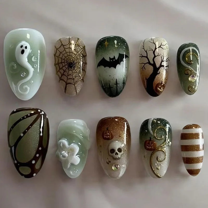 24pcs Sliver Spider Design Fake Nail Halloween Gothic Punk False Nail Tips Wearable European Heavy Metal Almond Press on Nails