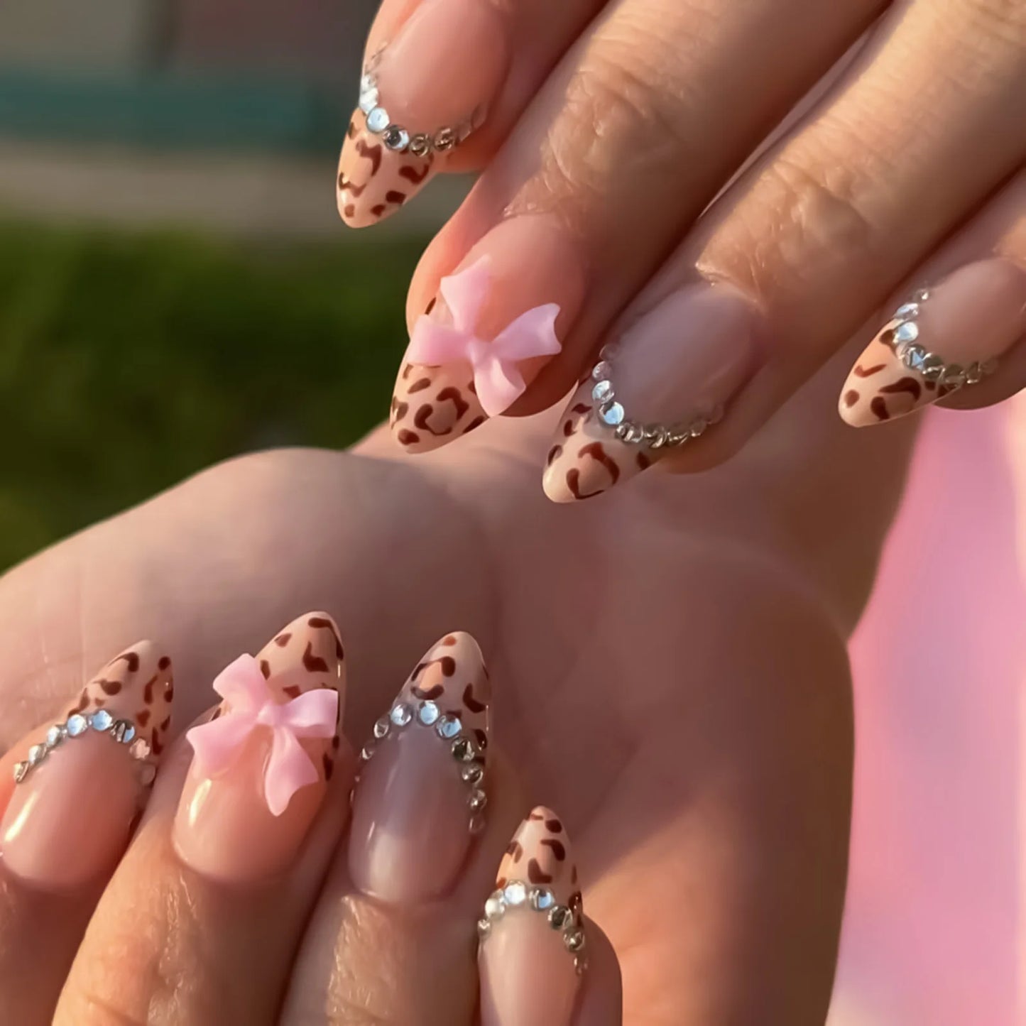 24Pcs Pink French Style Fake Nails 3D Bowknot Designs Short Square Press on Nails Sweet Korean Fashion False Nail for Women Girl