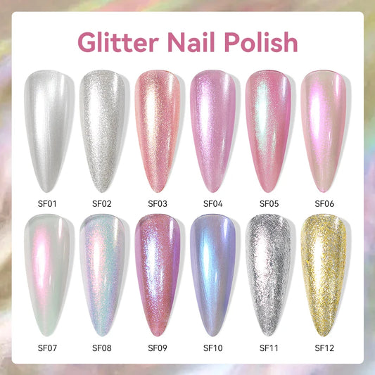 LILYCUTE 7ml 12 Colors Glitter Nail Polish Colorful Bright Shining Pearl Effect Nail Art DIY Decoration No Need of Lamp to Cure
