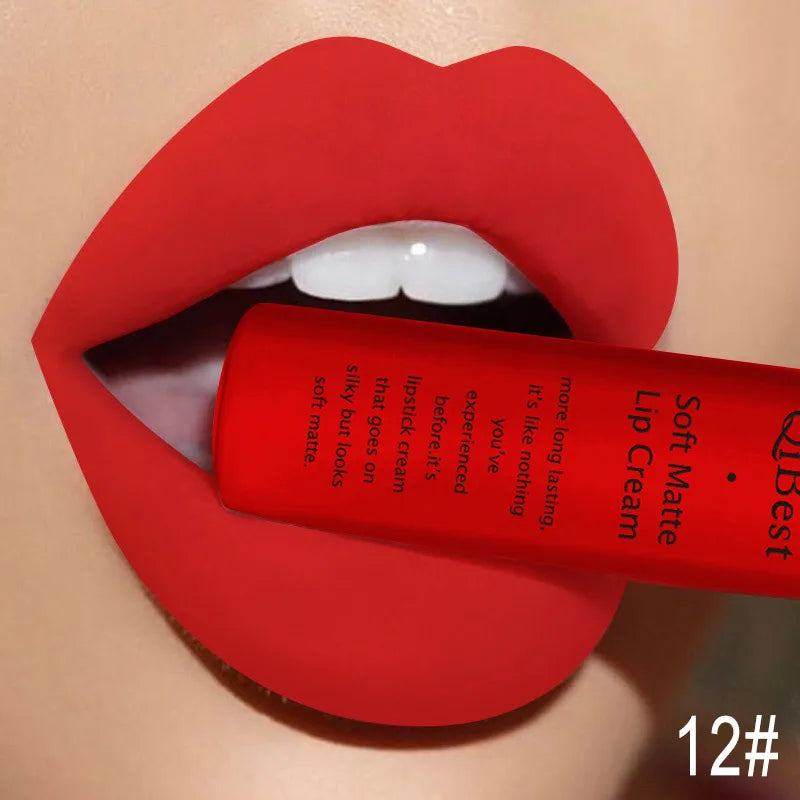 QIBEST Matte Liquid Lipstick Waterproof Lasting Velvet Lip Gloss Tint Tube Nude Pigment Red Black Purple Orange Lipsticks Makeup