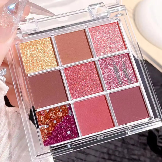 Summer 9 color eyeshadow palette: Orange brown, pink and gold, matte shimmer effect, lasting makeup, keep glitter rose Eyeshadow
