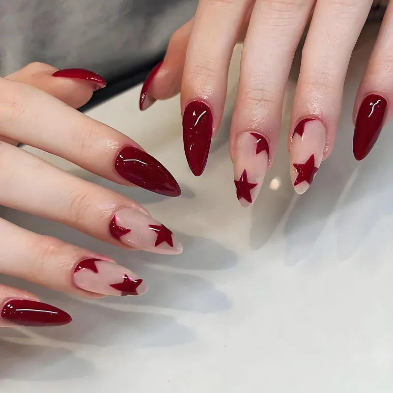 Wine Red Long Stiletto Fake Nails for Halloween Party Full Cover Press On Nail Spicy Girls Charm Manicure Daily False Nail 24Pcs