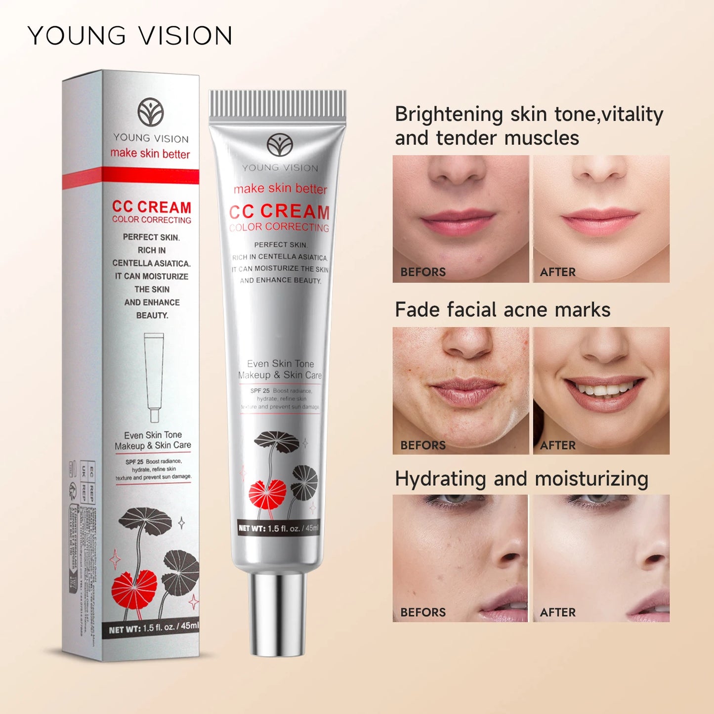 1PC/2PCS 45ml Brightening CC Cream Centella Asiatica Repairing BB Cream Natural Concealing Whitening Foundation Liquid Cosmetics
