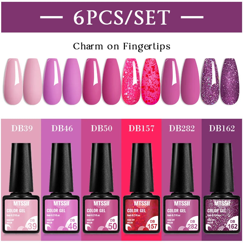 Mtssii 6PCS/Set Sparkly Nude Pink Gel Nail Polish Glitter Semi Permanent Nail Art LED UV Soak Off Gel Varnish Nail Supplies