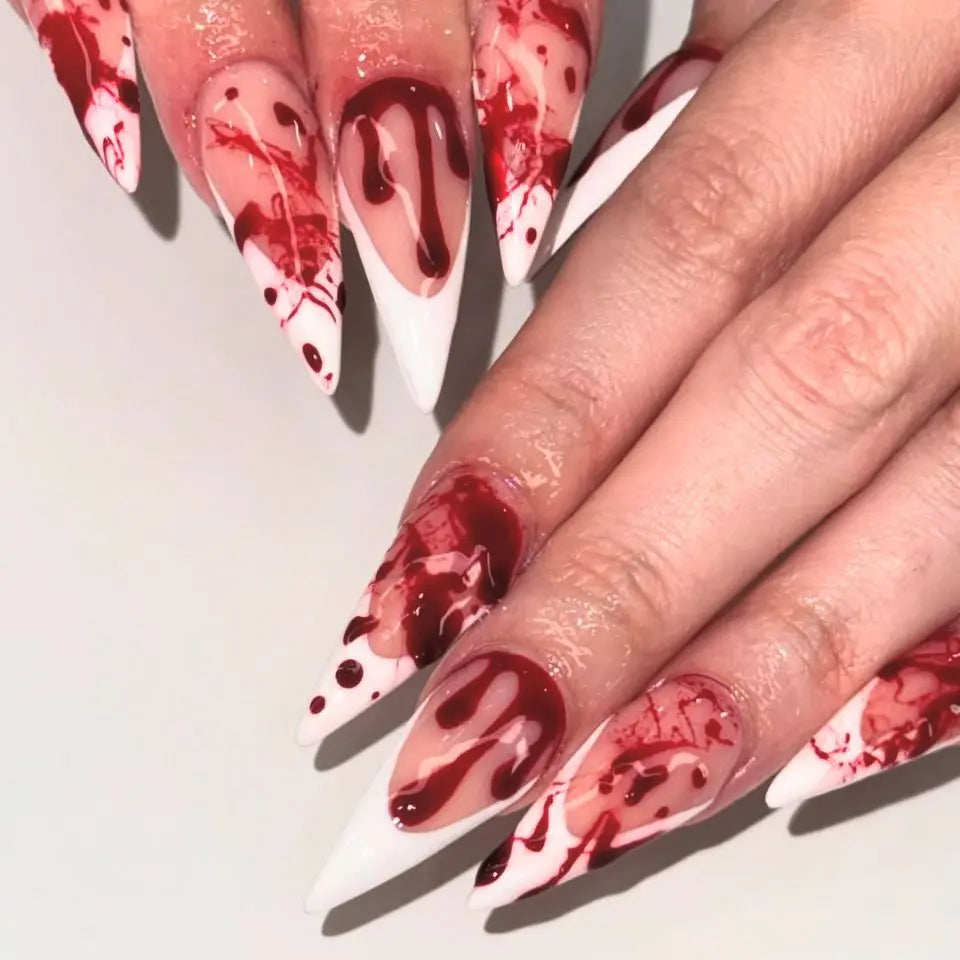 24pcs Nude Color False Nails For Halloween Blood Stained Jade Bone Long Pointed Press On Nails Acrylic Material Party Fake Nail