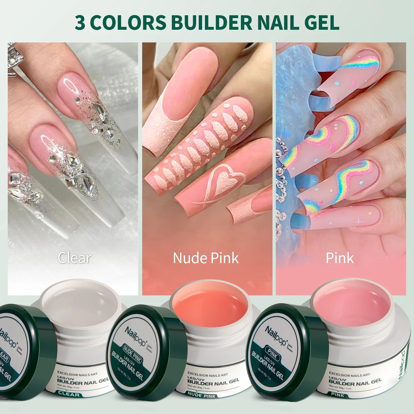 Nailpop 3 Colors Builder Nail Gel Kit Clear Nudes Pink Gel 30g Nail Art Manicure Set for Nails Extension Set with Base Top Coat