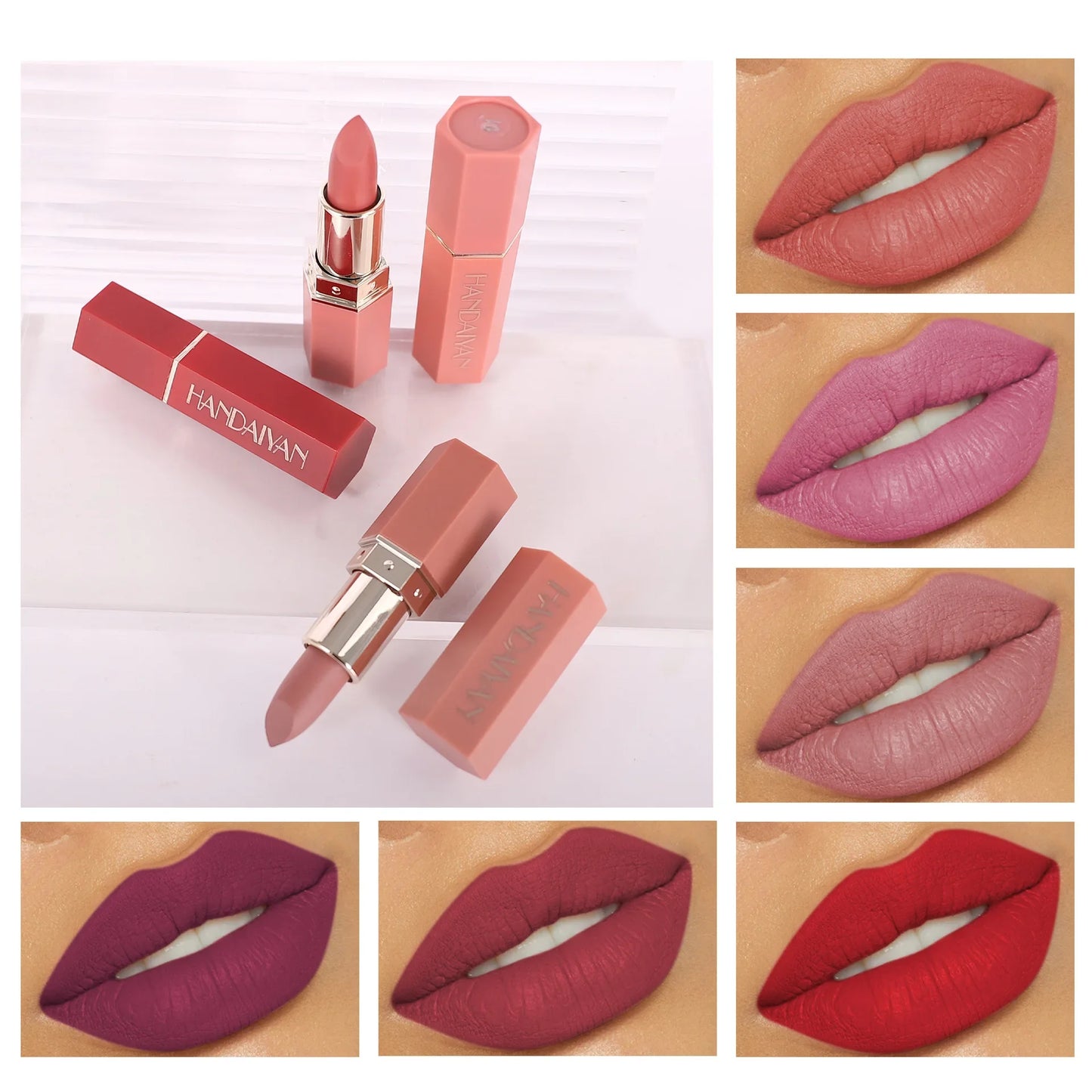 HANDAIYAN Moisturizing Long-Lasting Matte Lipstick 6-Color Set – Elegant Nude Shades, Show Your Temperament, Cosmetic Lipsticks