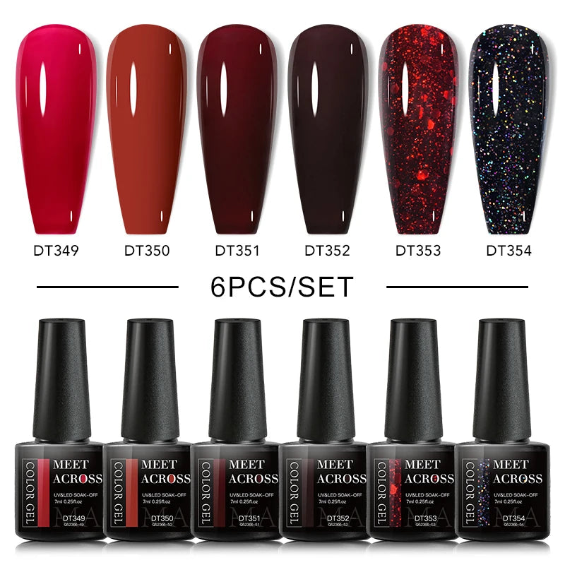 MEET ACROSS 6PCS/SET Macaron Series Gel Nail Polish Set Glitter Semi Permanent UV Nail Kit Base Matte Top Coat Nail Art Manicure