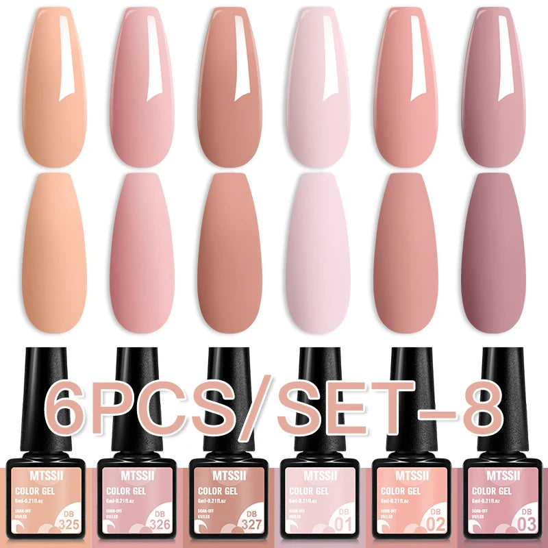 Mtssii 6PCS/Set Sparkly Nude Pink Gel Nail Polish Glitter Semi Permanent Nail Art LED UV Soak Off Gel Varnish Nail Supplies