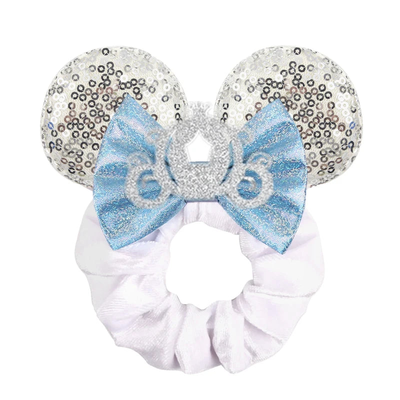 Disney Mouse Ears Velvet Scrunchies Hairband Women Elastic Ponytail Holder Girls Sequin Bow 2023 Kids Party DIY Hair Accessories