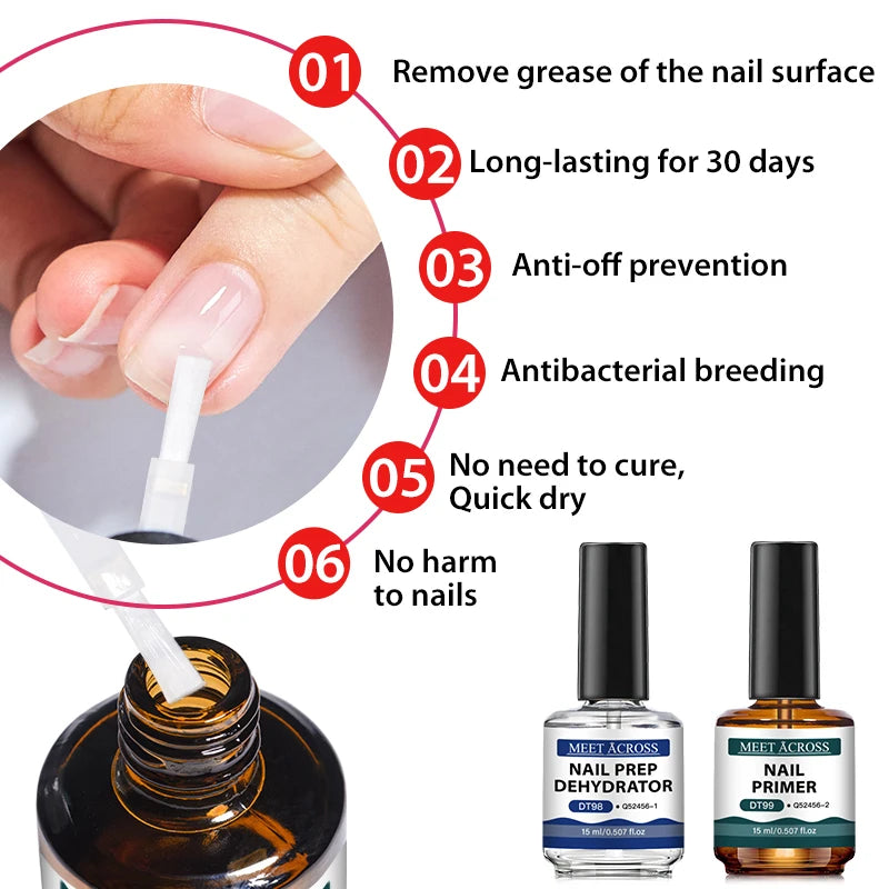 MEET ACROSS 15ml Glass Bottle Nail Primer Nail Prep Dehydrator Nail Polish Long Lasting Air Dry Semi Permanent Nail Art Varnish