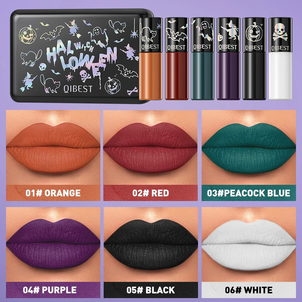 QIBEST 6Pcs/Set Waterproof Liquid Lipstick Sexy Halloween Lip Stick Matte Velvet Black Lipsticks Red Orange Lip Makeup Labiales