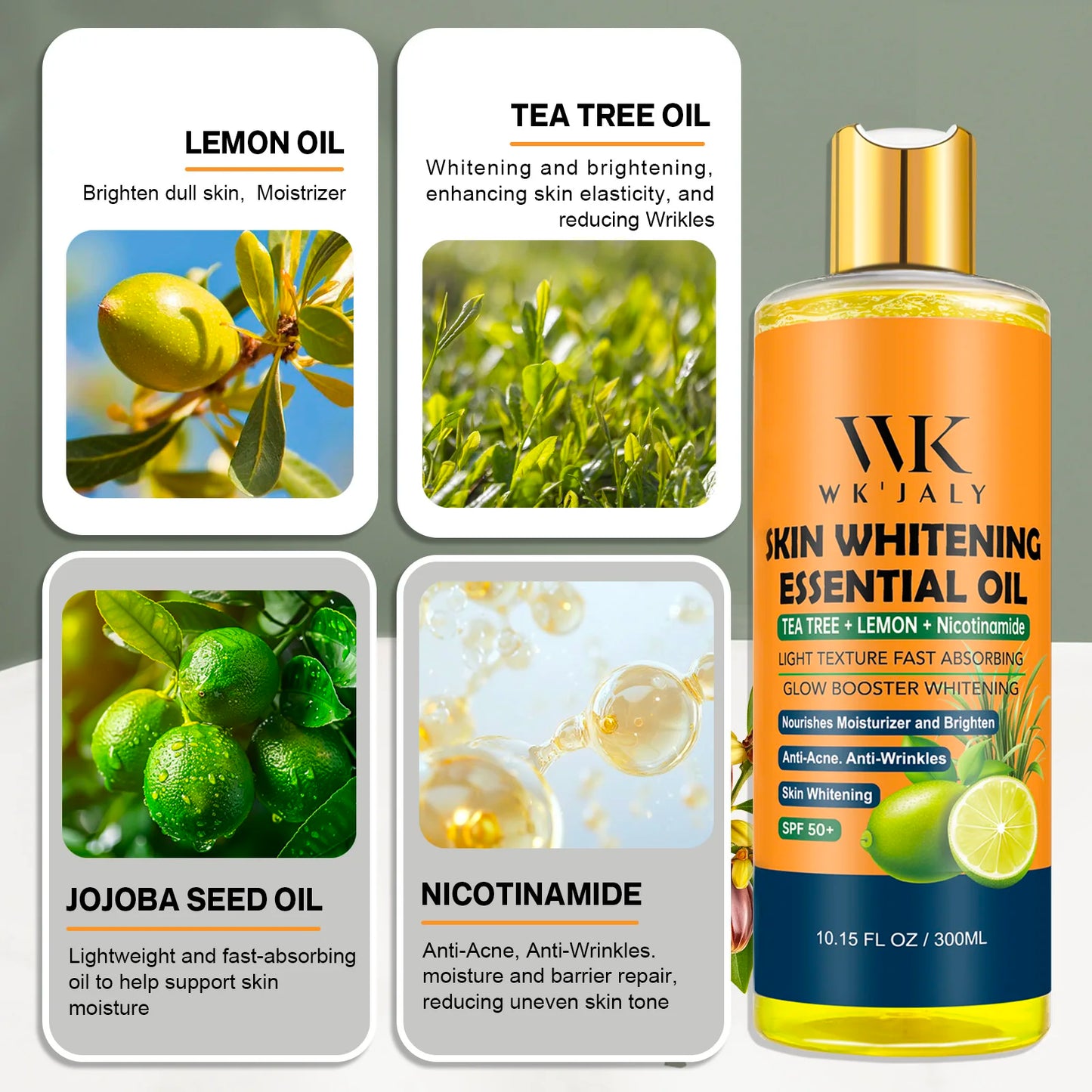WK JALY Niacinamide Lightening Body Oil For All Skin, With Tea Tree, Lemon, Remove Acne, Fine Lines, Age Spot, Not Greasy, 300ml