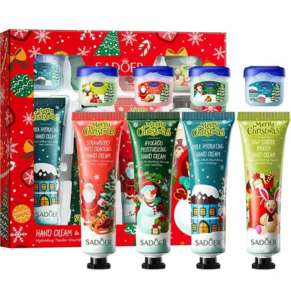 Christmas Hand Cream and Lip Balm Set, 4 hand creams and 4 lip balms, nourishing lip mask, moisturizing formula, gentle care
