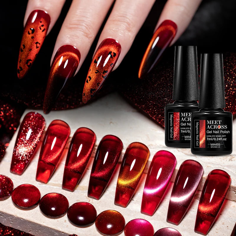 7ml Red Series Cat Magnetic Gel Nail Polish Sparkle Glitter Semi Permanent Nail Art UV Gel Varnish Manicure For Valentines Nails
