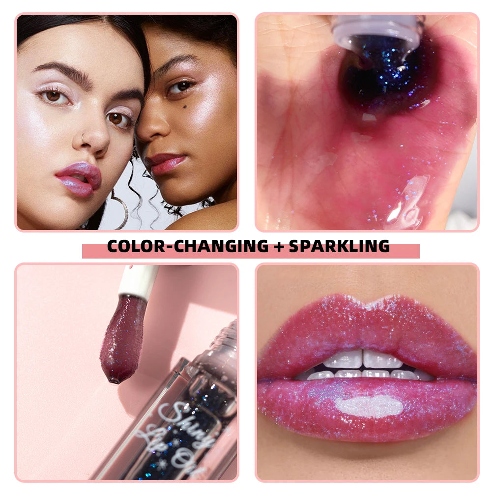 QIBEST Black Mirror Lip Gloss Color Changing Lipstick Moisturizing Shiny Lip Balm Oil Plumping Lasting Diamond Lipgloss Cosmetic
