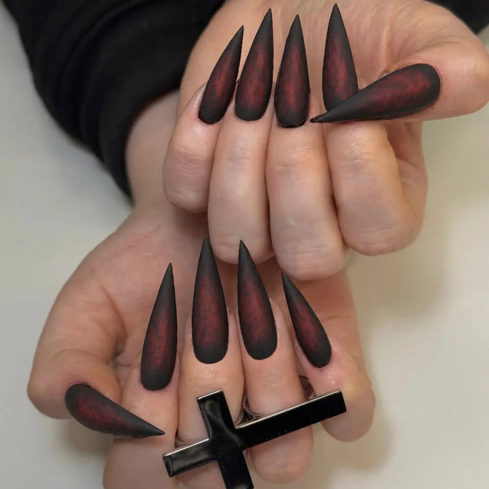 24pcs Nude Color False Nails For Halloween Blood Stained Jade Bone Long Pointed Press On Nails Acrylic Material Party Fake Nail