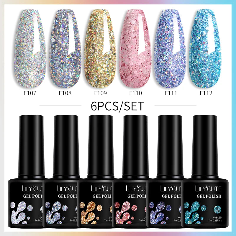 LILYCUTE 6PCs/Set Gel Nail Polish Set Kit Glitter Nail Gel Sequin Vernis Semi Permanent For Manicure Varnish UV LED Nail Art Gel