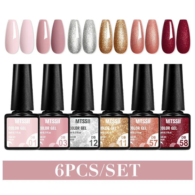 Mtssii 6PCS/Set Sparkly Nude Pink Gel Nail Polish Glitter Semi Permanent Nail Art LED UV Soak Off Gel Varnish Nail Supplies