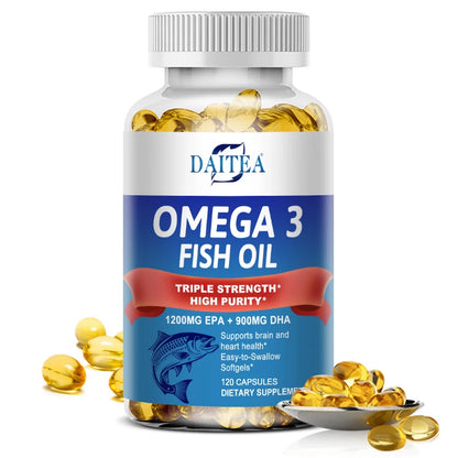 Daitea Omega 3 Fish Oil Capsules - for Nervous System, Skin and Hair Health, Antioxidants - Easy To Swallow