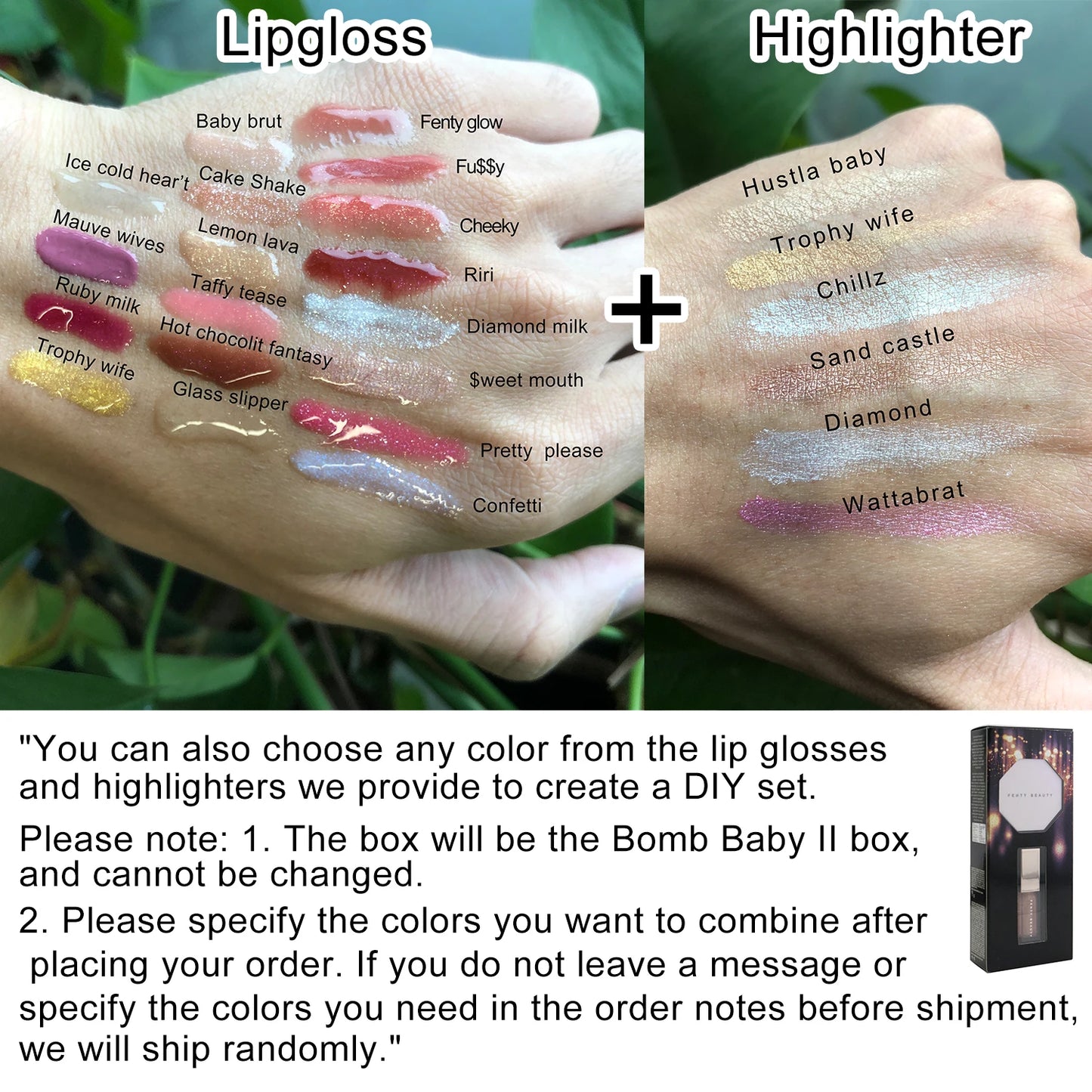 Fenty Diamond Bomb Baby 9ml Universal Lip Gloss and 2.5g Glitter Powder Highlighter Makeup Set for Lips and Face