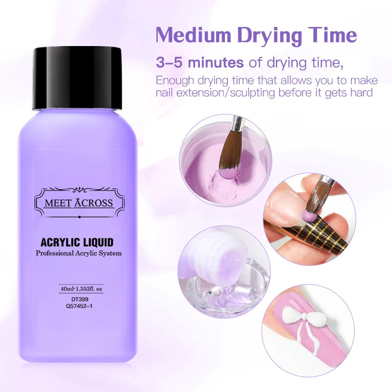 MEET ACROSS 40ml Acrylic Liquid Monomer For Nails Nail Art Carving Extension For Acrylic Powder Acrylic Crystal Liquid Manicure
