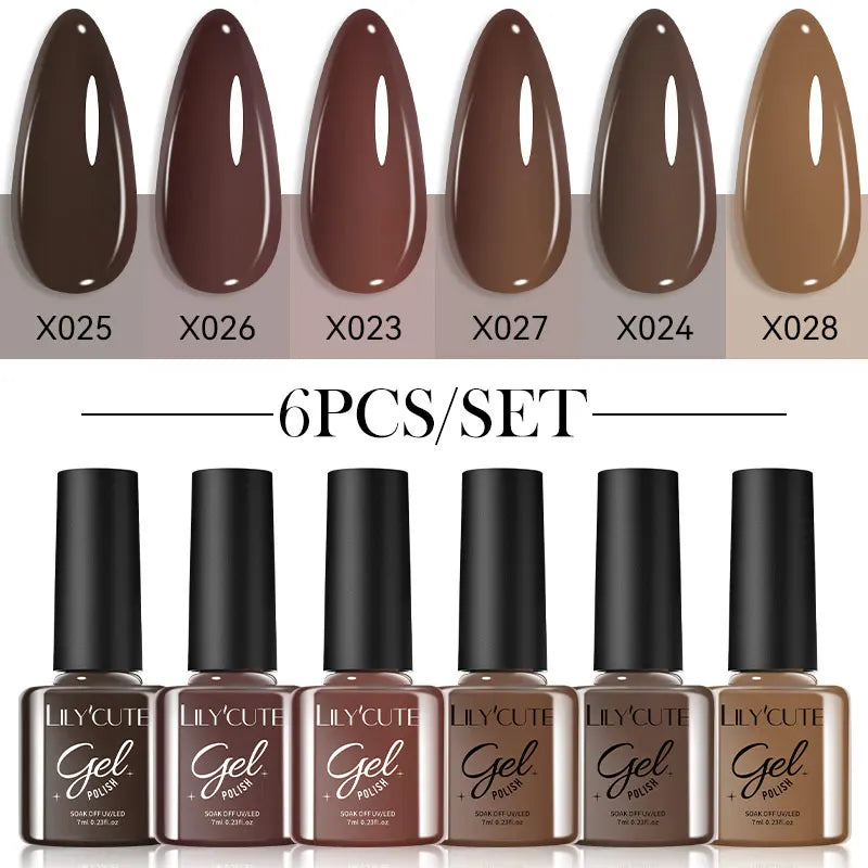 LILYCUE 6Pcs/Set Red Nude Glitter Gel Nail Polish Gorgeous Full Coverage Soak Off UV Gel Nail Art Base Top Coat Gel Polish Kits