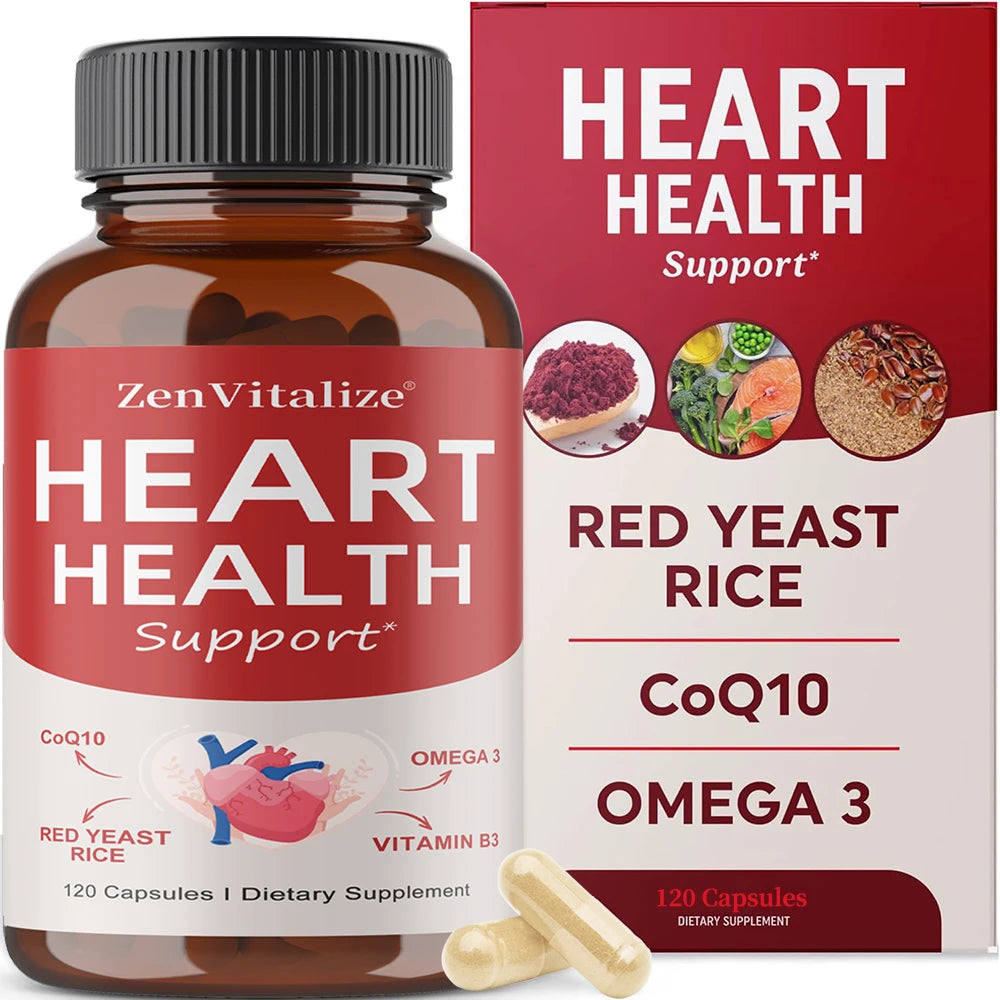 Heart Health Support Supplement - CoQ10, Omega 3, Red Yeast Rice, Vitamin B3, Promotes Healthy Cholesterol Levels - Non-GMO