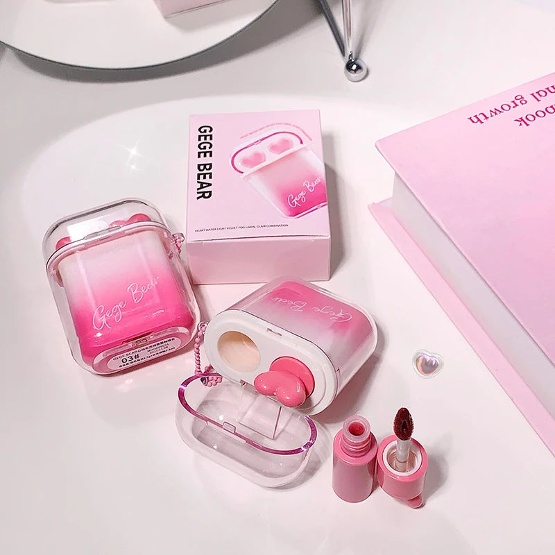 GEGE BEAR Heart-beating Water Gloss Velvet Matte Lip Glaze Combination Two-pack Mirror Matte Headphone Shaped Pendant Lip Glaze