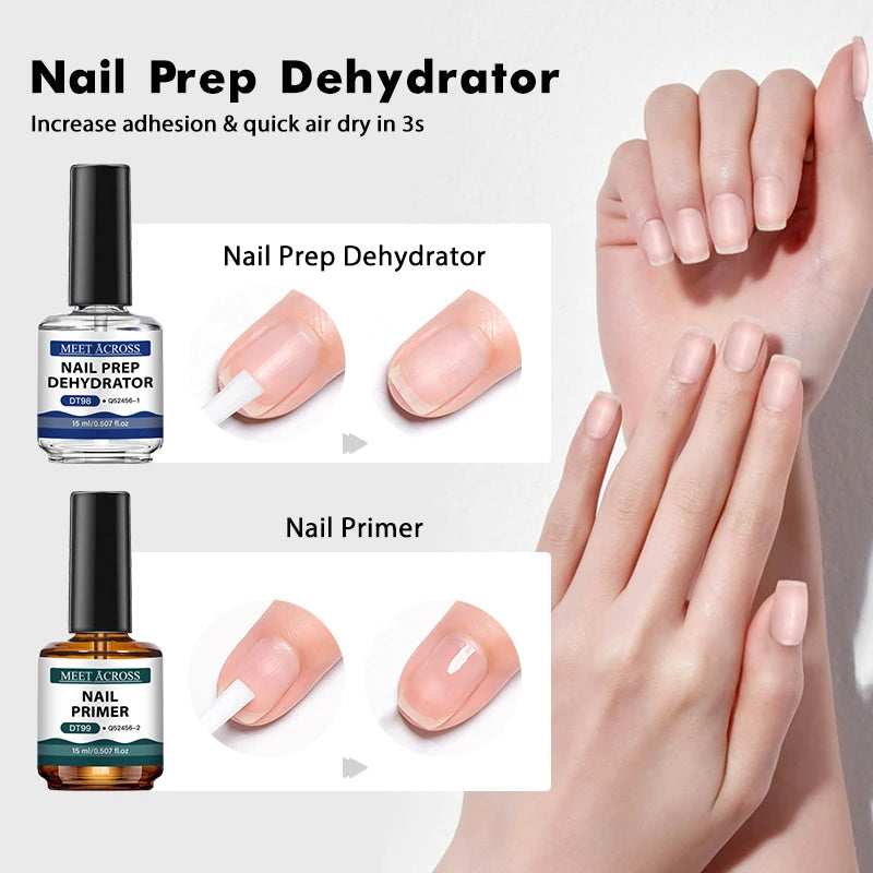 MEET ACROSS 15ml Glass Bottle Nail Primer Nail Prep Dehydrator Nail Polish Long Lasting Air Dry Semi Permanent Nail Art Varnish