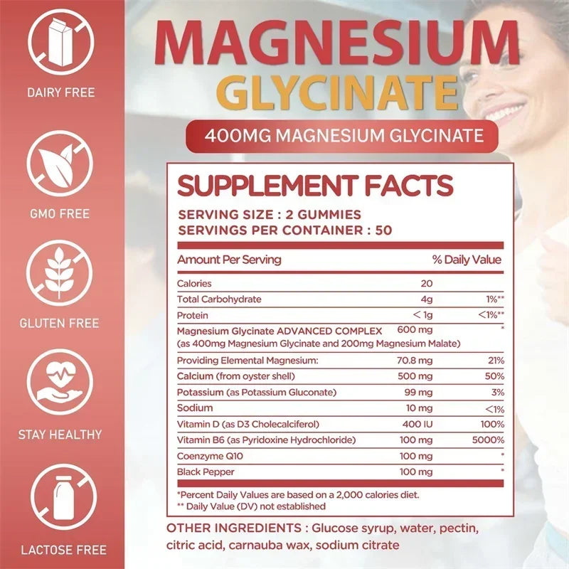 Magnesium Glycinate Gummies - Reduces Stress and Anxiety, Improve Sleep Quality, Support Memory, Concentration & Muscle Spasms