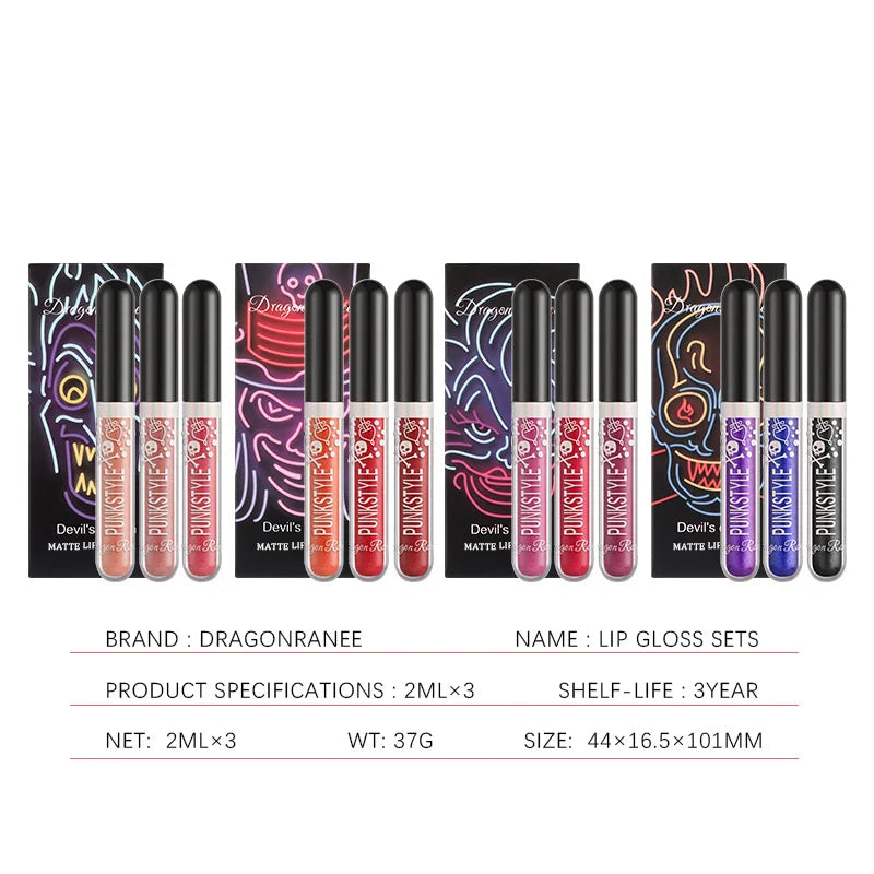 Halloween Lip Gloss Set, 3-Piece Non-Stick Shiny Lipstick, Glittery Purple and Black Lip Colors, Long-Lasting, Non-Transfer