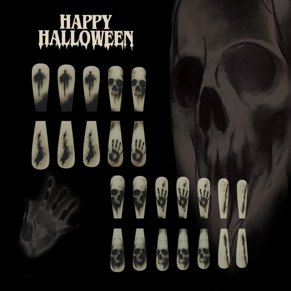 24PCs Halloween Nail Art Horror Black Skeleton Long Ballet Coffin Fake Nails Matte Press-on Nails with 1 Jelly Glue 1 Nail File