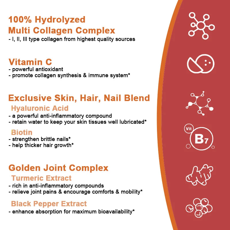 Multi-Collagen Peptides Powder with Collagen Types I, II, III, V and X, Hair, Nails and Joint Support, Anti-Aging