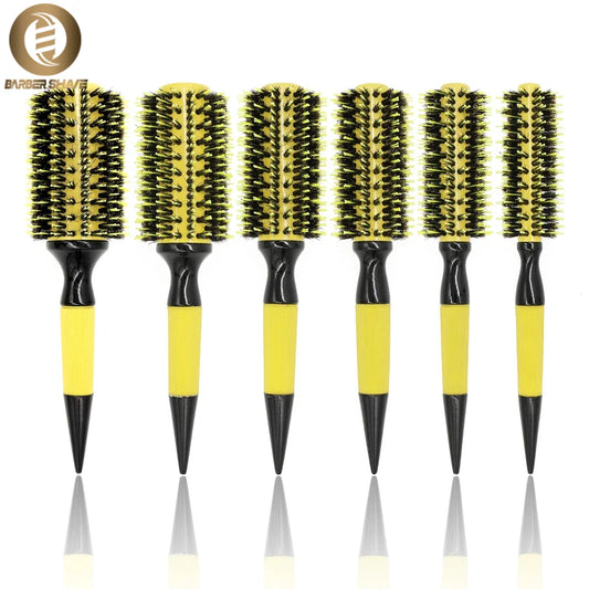 Professional Round Wooden Hair Brush 6 Sizes Boar Bristle Mix Nylon Salon Women Hair Styling Tools Yellow Brazil Hair Curlerl