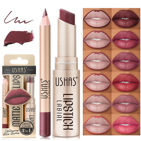 2-in-1 Matte Lipstick & Lip Liner Set – 12 Colors Lip Pencil, High Pigment, Waterproof, Long-Lasting Lipstick for Lips Makeup