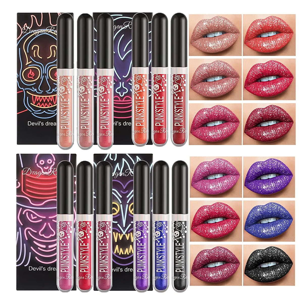 3pcs Glitter Lipstick Set Waterproof Blue Purple Black Lip Gloss Shiny Lip Tint Halloween Lip Makeup Lasting Lipgloss Cosmetics