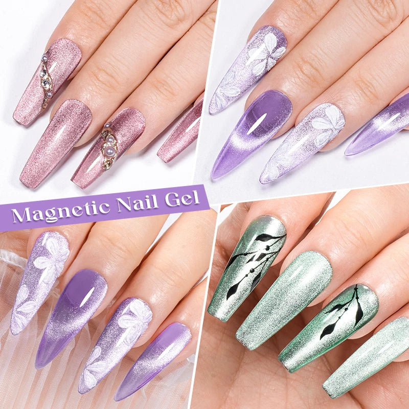 MEET ACROSS 7Pcs/Set Cat Magic Magnetic Gel Nail Polish Sparking Semi-Transparent Sea Blue Effect Soak Off UV Gel Varnish Kit