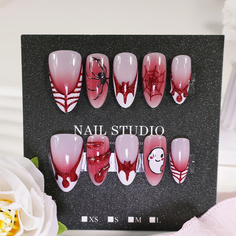 24pcs Sliver Spider Design Fake Nail Halloween Gothic Punk False Nail Tips Wearable European Heavy Metal Almond Press on Nails